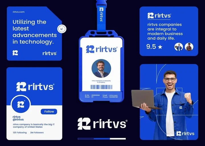 Complete brand style guide for Rirtvs featuring logo usage, employee ID cards, social media branding, and visual identity standards.