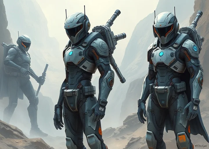 Sci-fi character design featuring futuristic armored soldiers for games, animation and concept art
