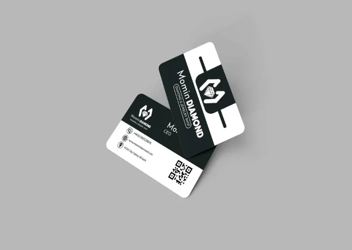Professional business card design for Momin Diamond featuring QR code, minimalist branding, and modern corporate identity.