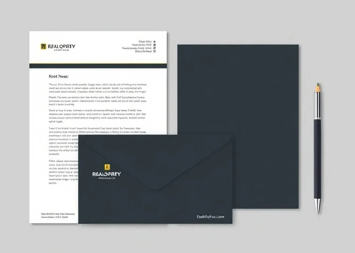 Premium real estate stationery design including letterhead, envelope, presentation folder, and corporate branding materials.