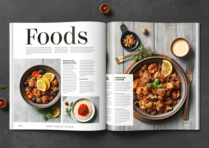 Creative food magazine layout featuring gourmet food photography, clean editorial design, and modern culinary magazine spread.