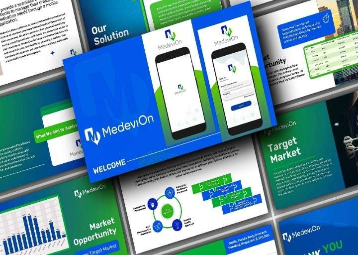 Healthcare pitch deck featuring medical mobile app presentation, healthcare analytics, mobile UI mockups, and professional blue and green PowerPoint slides.