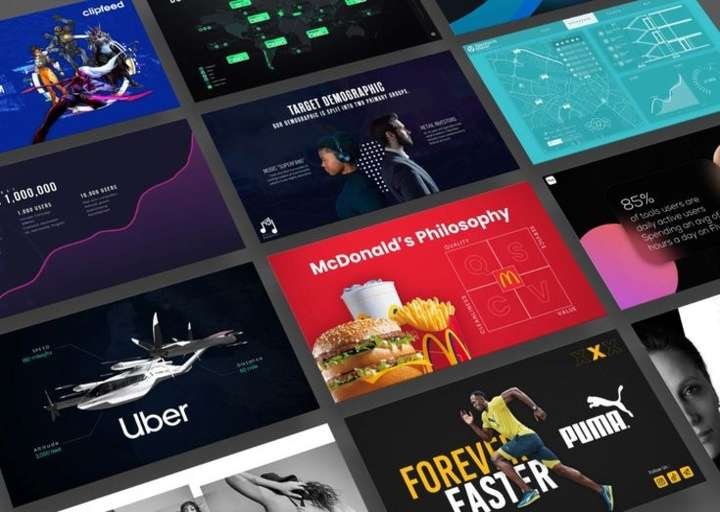 Premium dark presentation deck featuring brand marketing slides, creative portfolio layouts, product showcase designs, and modern business presentation templates.