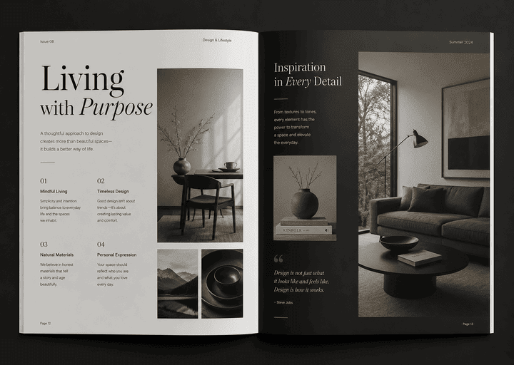 Modern lifestyle magazine layout featuring minimalist interior design, elegant typography, and premium editorial page design.